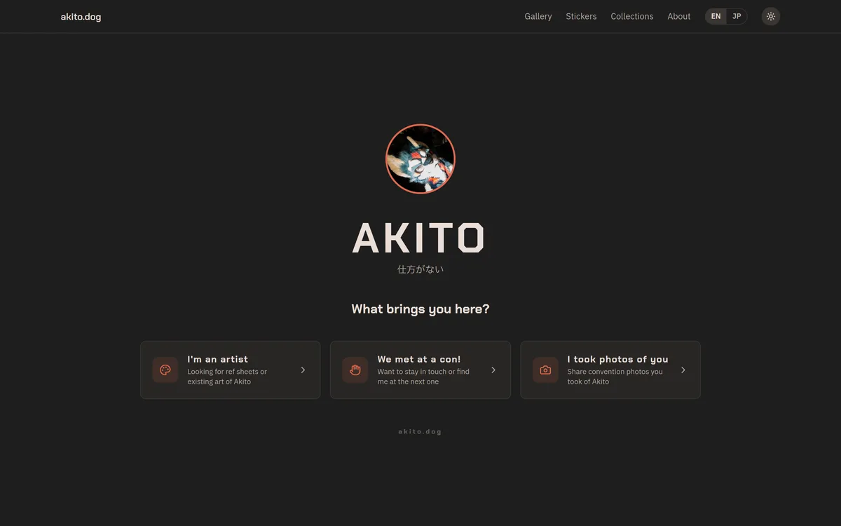akito.dog home page: a three-path landing asking what brings you here