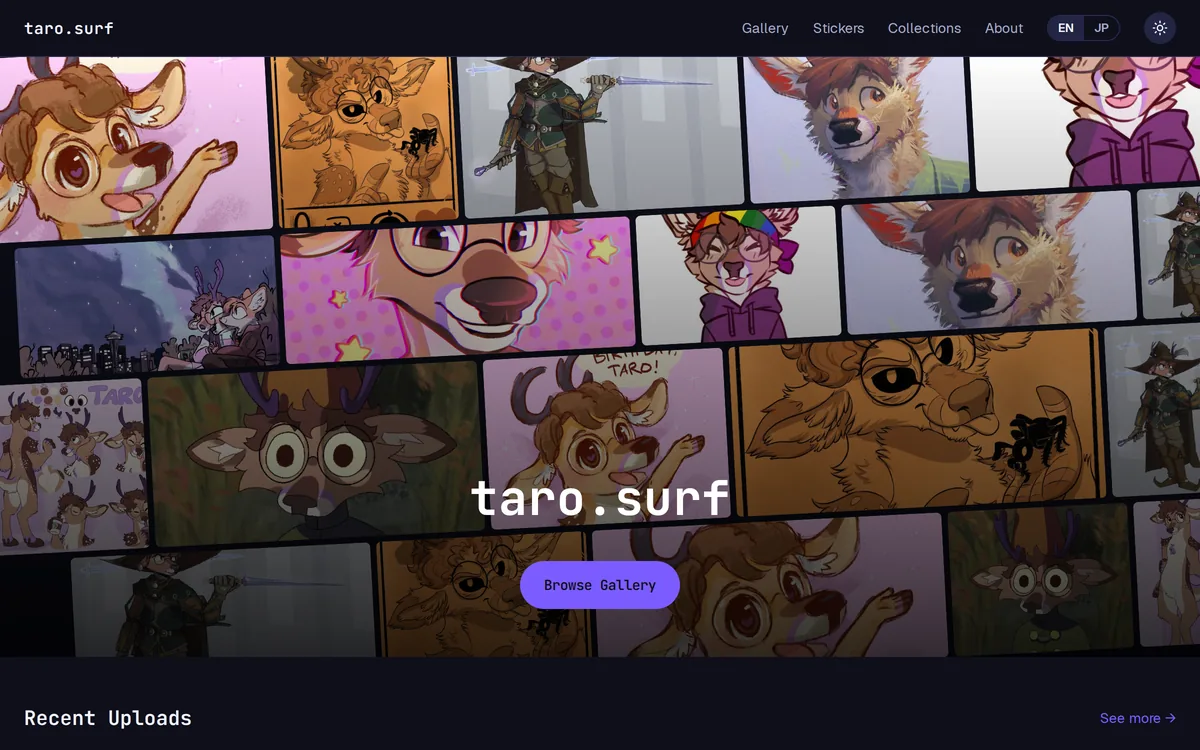 taro.surf home page: an art mosaic in the violet Aurora theme